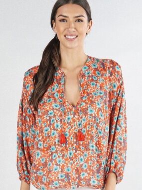 Orange Floral Blouse with Turquoise Accents